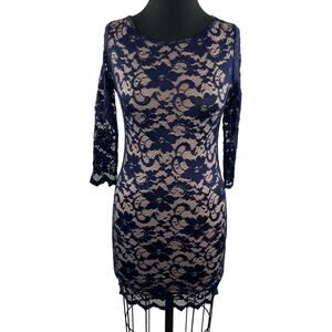 ASOS Petite Blue Lace Overlay 3/4 Sleeve Round Neck Mini Bodycon Dress Size 4